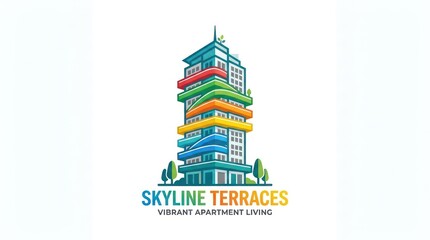 Fototapeta premium Abstract skyline terraces apartment building logo with flowing balcony levels and greenery.
