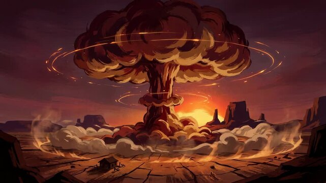 Animated nuclear mushroom cloud explosion rising over desert landscape for apocalyptic and war content