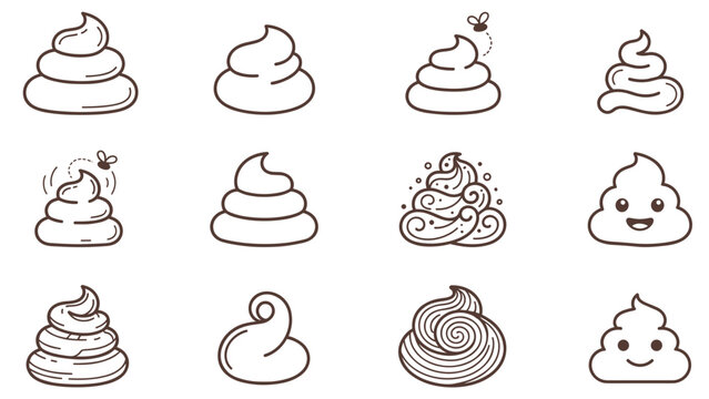 Simple caca vector poop outline line icon set. A minimalist collection of stinky turd shapes, swirling feces with flies and cute smiling faces isolated on a white background.