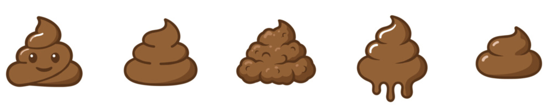 Set of caca vector poop shit and turd shapes. Simple brown flat design collection featuring a cute smiling face, melting and textured graphics isolated on a white background.