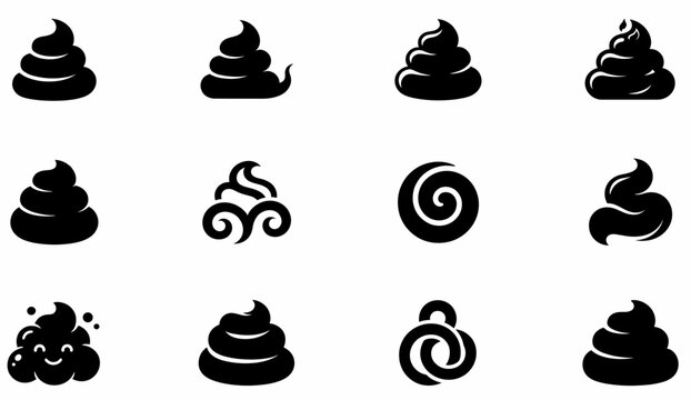 Caca vector poop silhouette icon set. Black solid turd shapes, abstract swirling feces and cute smiling crap isolated on white background for graphic design.