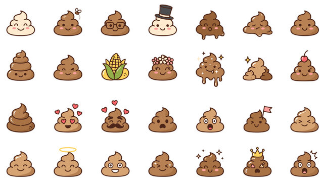 Cute caca vector poop emoticon set with funny faces and accessories. A large collection of hilarious cartoon turd characters isolated on white background for graphic design projects.