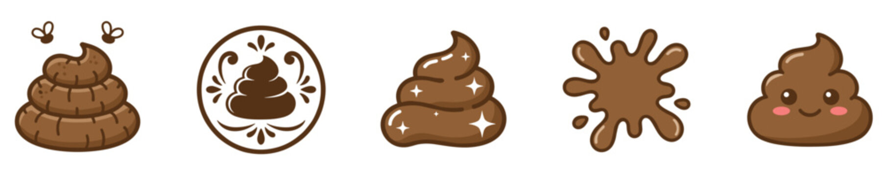 Dirty caca vector poop splat and stinky turd icons. A funny collection of smelly feces with flies, shiny badges, and a cute smiling cartoon character for humorous graphic design.