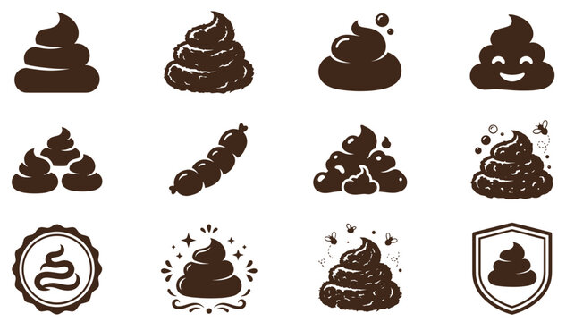 Solid brown caca vector poop silhouette icon set. A collection of flat graphic turd shapes, stinky feces symbols, flies, and dirty crap illustrations for minimalist graphic design.