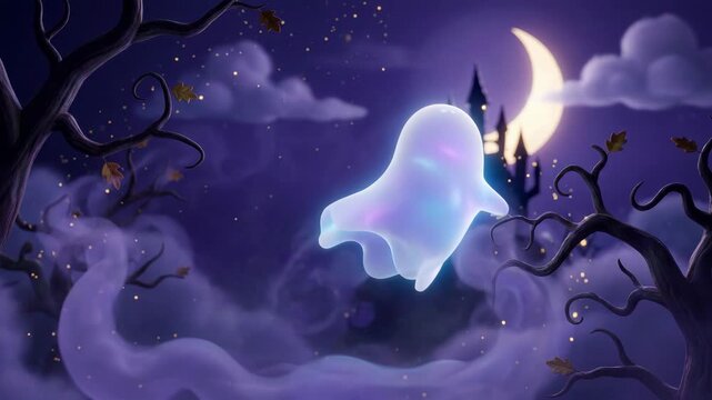 Cute ghost floating through haunted Halloween night scene in animated fantasy style