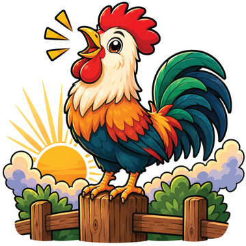 Cartoon Rooster Crowing at Sunrise on a Wooden Farm Fence Illustration for Morning Routine and Rural Countryside Decor
