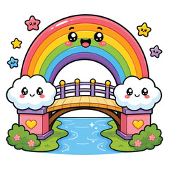 Obraz premium Cute Kawaii Rainbow Bridge Illustration with Happy Smiling Clouds and Sparkling River Landscape Cartoon Graphic