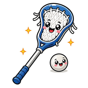 Cute Cartoon Lacrosse Stick and Ball Character Set with Kawaii Expressions for Sports Mascot Design and Team Graphics