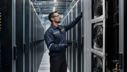 Fototapeta premium A man in a data center checking servers with a tablet in hand