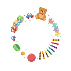 Naklejka premium A circular arrangement of children's toys, including building blocks, a teddy bear, crayons, a car, puzzle pieces, and balls.