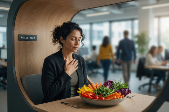 Calm woman meditate healthy lunch office workplace wellness mindfulness practice stress relief vegetable plate modern workspace focus pod relaxation Mindful eating concept