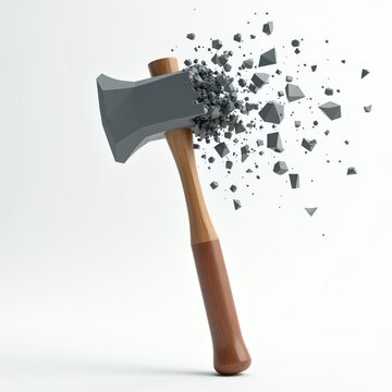 Low poly 3d render of broken hammer with wooden handle, shattered metal head floating on white background. Damaged industrial tool fragments fly apart in air. Conceptual image shows destruction