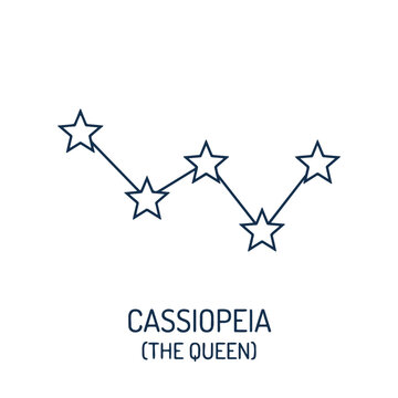 Cassiopeia constellation outline with stars and text the queen