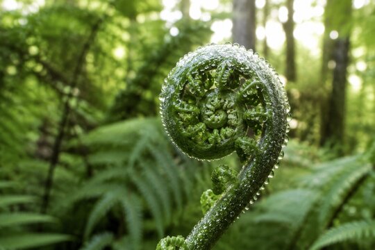 Silver fern frond unfurling with dewdrops in a rainforest.