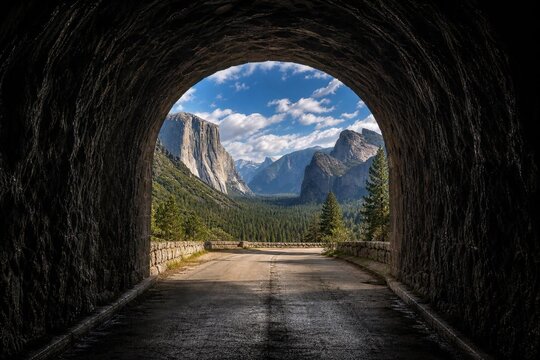 View from a dark tunnel framing a bright, sunlit valley at the exit.
