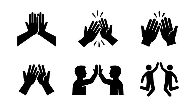 High Five Icons Set, Success Celebration Hands, Teamwork Achievement Graphics, Victory Gesture Vector