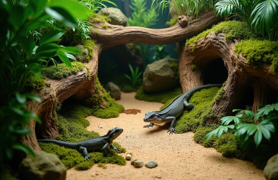 Two green lizards crawl on sandy ground inside reptile terrarium. Natural habitat setup includes mossy logs green foliage plants rocks stones. Interior tank environment provides cozy home for exotic