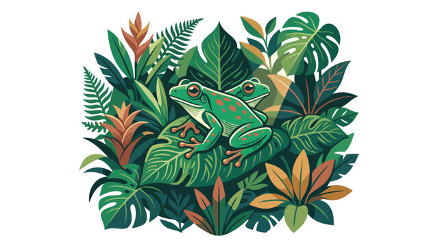 Two green tree frogs resting on tropical monstera leaves, lush jungle amphibian wildlife, flat color graphic , vector illustration