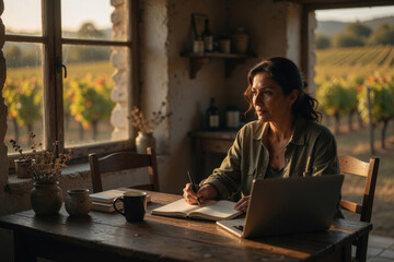 Obraz premium Woman writer notebook laptop rustic table vineyard sunset light contemplative mood, peaceful rural home office scene with warm cozy atmosphere and creative focus Remote work off-grid concept