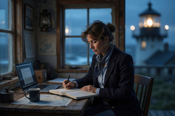 Fototapeta premium Woman writer lighthouse evening desk notebook window lamp laptop cup cozy woman author writing by lighthouse window evening desk, soft lamplight glow and peaceful Remote work off-grid concept
