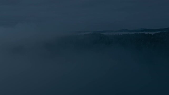 The camera slowly pans over an aerial view of a dense forest, the trees shrouded in a thick layer of clouds, creating a serene and tranquil atmosphere.