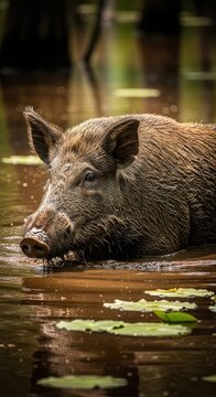 A messy hog covered head to tail in thick, dark brown mud, wallowing deep in the swampy mire, exhibiting instinctive behavior, base, dirt, animal