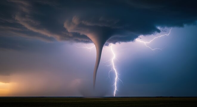 A powerful funnel cloud descends from a dark storm sky towards an open field, capturing the raw intensity of a wild atmospheric phenomenon, energy, force, awe