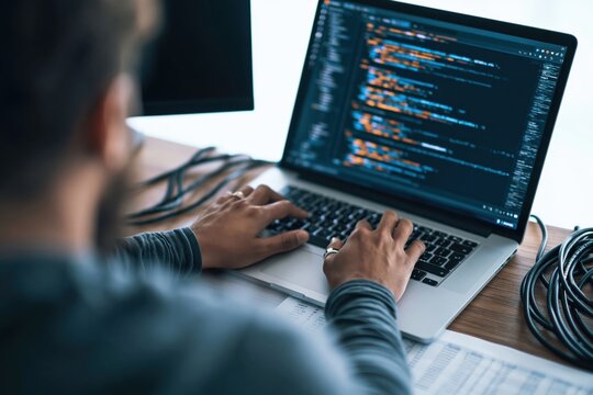 Developer and programmer writing software code on a laptop in a modern workspace