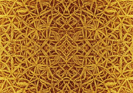 An intricate ornamental weave with golden threads interlaced in a complex symmetrical pattern, showcasing fine texture and craft detail, rich, decorative, geometric