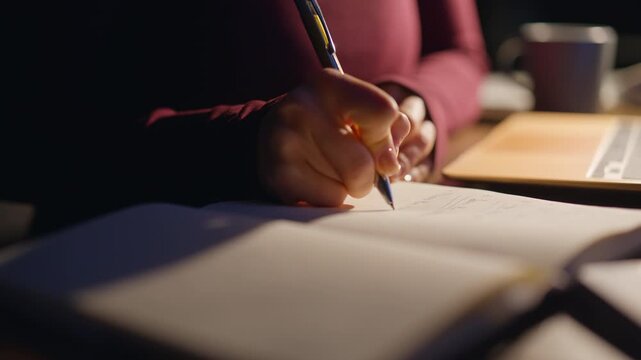 Closeup woman hands writing notebook evening. Person taking notes journal desk.
