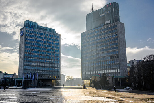 Republic Square Trg Republike Skyscrapers Ljubljanka Banka and Tr3 square designed Edvard Ravnikar
