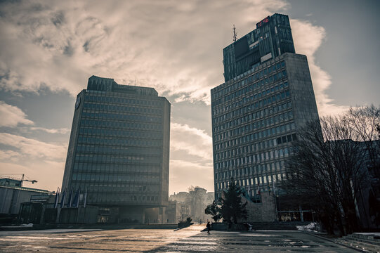 Republic Square Trg Republike Skyscrapers Ljubljanka Banka and Tr3 square designed Edvard Ravnikar