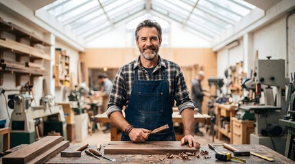 Fototapeta premium Smiling adult male carpenter standing proudly inside bright sunny workshop representing traditional woodworking and career.