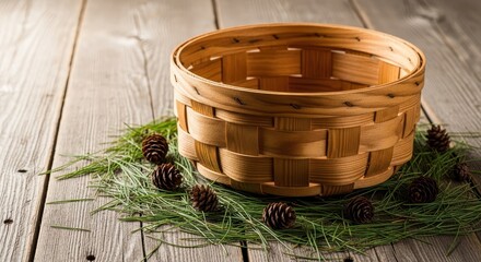 Obraz premium A rustic hand-woven basket crafted from natural pine wood sits on a weathered timber surface surrounded by scattered needles and pine cones, natural, home, background