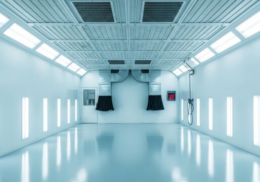 A professional automotive spray paint booth featuring bright overhead lighting, high-gloss floors, and ventilation systems for car repairs, filtration, floor, engineering