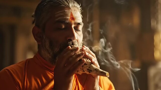An Indian Hindu Priest Performing Sacred Conch Shell Ritual with Incense Smoke in Ancient Temple Setting for Spiritual Purification