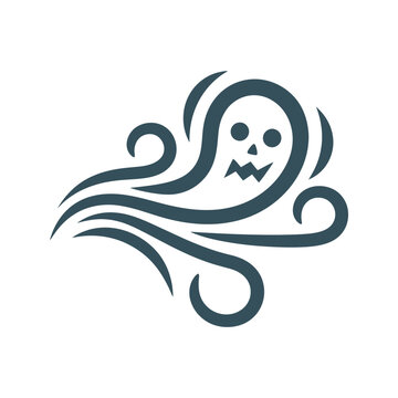 Stylized ghost icon with swirling wind elements, spooky halloween character outline