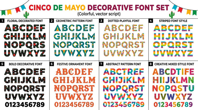 Vibrant Cinco de Mayo Decorative Vector Set features colorful font designs and festive elements for celebration decorations and party themes.