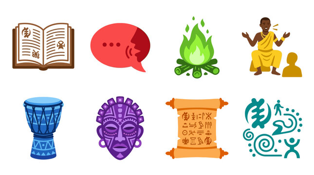 A vibrant Vector Set of cultural symbols and icons including a book, speech bubble, flame, people, drum, mask, and scroll on a plain background.