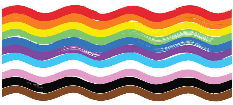 Progress Pride Flag Wavy Lines, Colorful LGBTQIA+ Rainbow Brush Stroke Waves and Diversity Inclusion Elements Vector Background