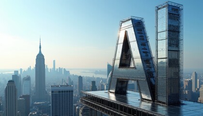 Obraz premium Modern skyscraper building shaped like letter Stands in center of big city skyline. Tall office tower facade with metal glass windows reflects bright sun light above urban downtown area. Huge
