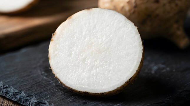Close up of a fresh raw jicama root sliced open on a dark slate surface to reveal a crisp white interior for healthy cooking and culinary use