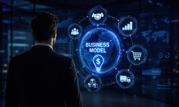 Business Professional Analyzing Global Business Models and Data Visualizations in a Modern Office Environment Quark.