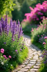 Obraz premium Stone path winds through blooming summer garden with tall purple flowers. Green plants grow along paved walkway in scenic backyard. Natural sunlight illuminates beautiful floral landscape park.
