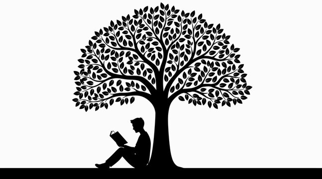 Silhouette of person reading book under large leafy tree