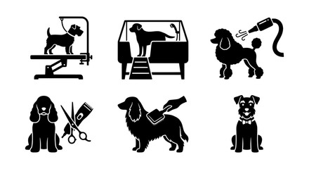 Fototapeta premium Dog Grooming Icons Set: Pet Care, Styling Tools, Bathing, Drying, Clipping Vector Graphics