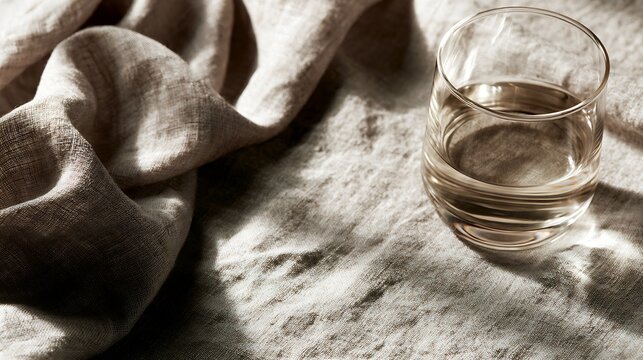Empty clear glass tumbler on textured beige linen fabric with soft directional light and deep shadows