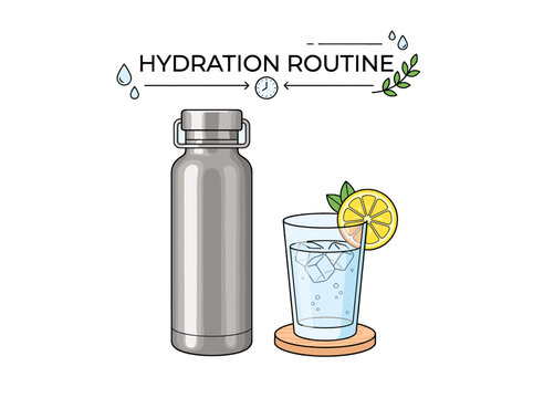 vector Reusable metal water bottle and refreshing glass of water with lemon and mint for a healthy hydration routine Isolated on transparent background