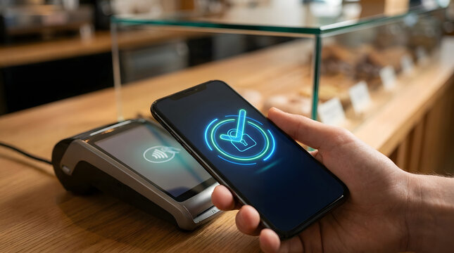 Mobile payment contactless payment smartphone tap to pay payment terminal NFC customer hand holding smartphone near card reader retail store checkout, secure cashless transaction concept with