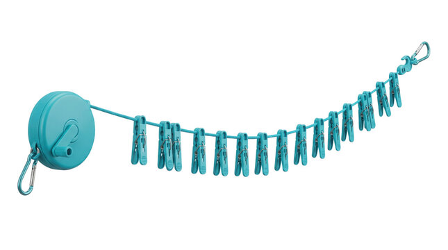 Portable retractable clothesline with clips, turquoise travel laundry line for camping, compact outdoor drying rope with carabiners